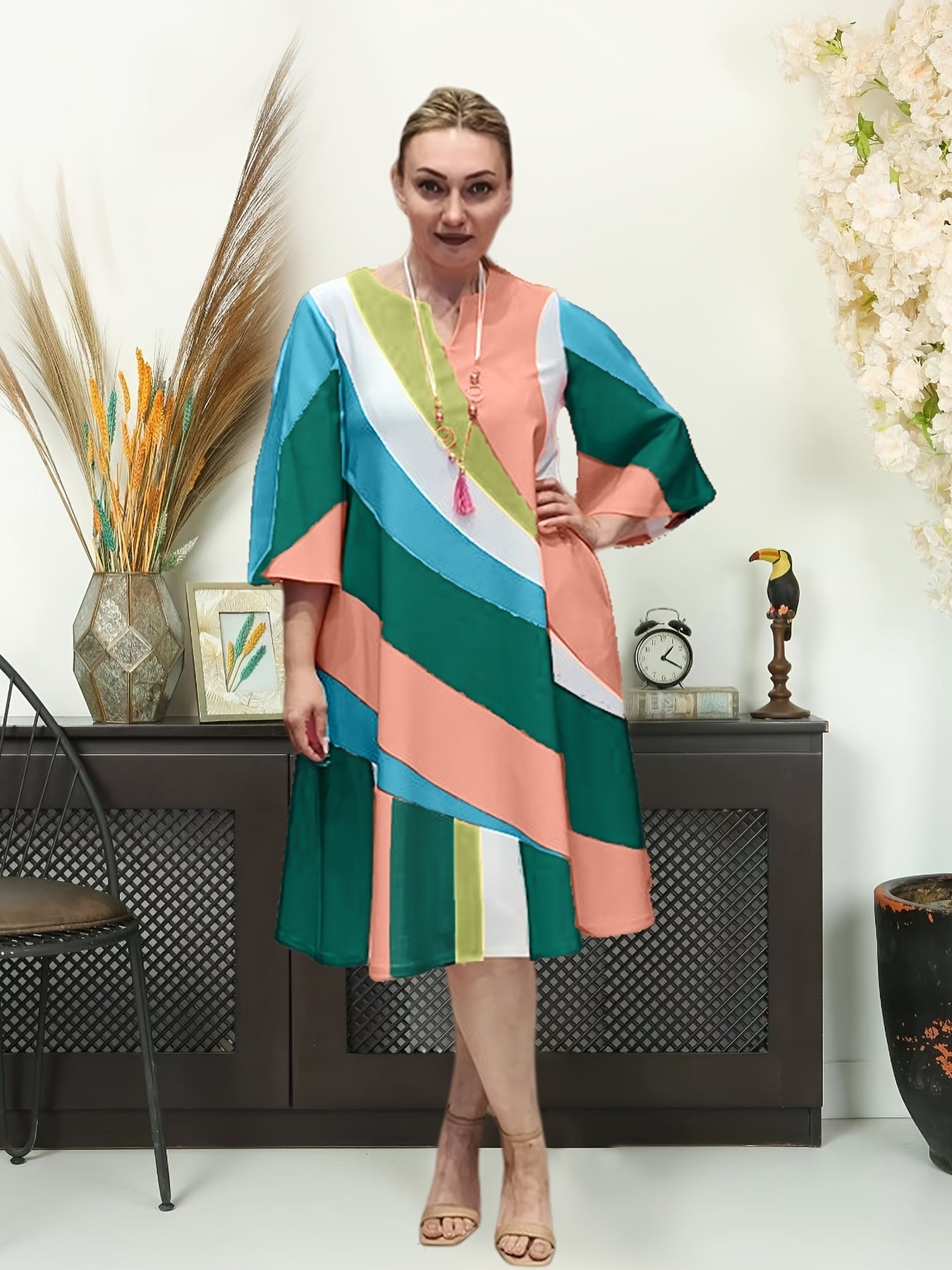  Colorblock V Neck 3 4 Sleeve Midi Dress With Pocket