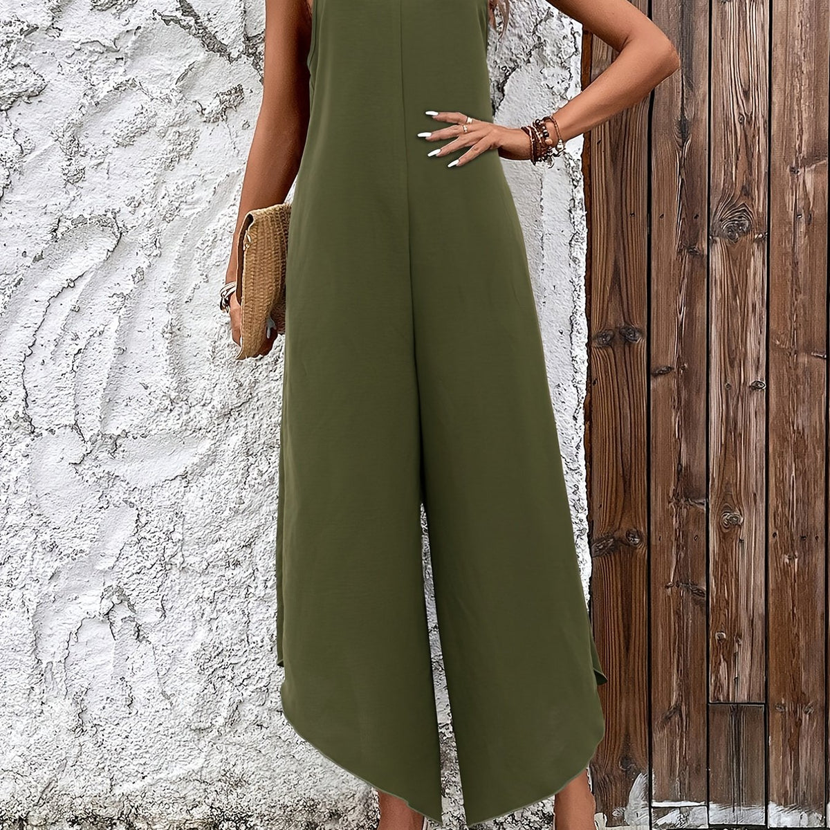 Boho Solid Spaghetti Jumpsuit Casual Pleated Sleeveless Long Length