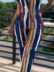  Colorful Stripe Print Round Neck Cami Jumpsuit