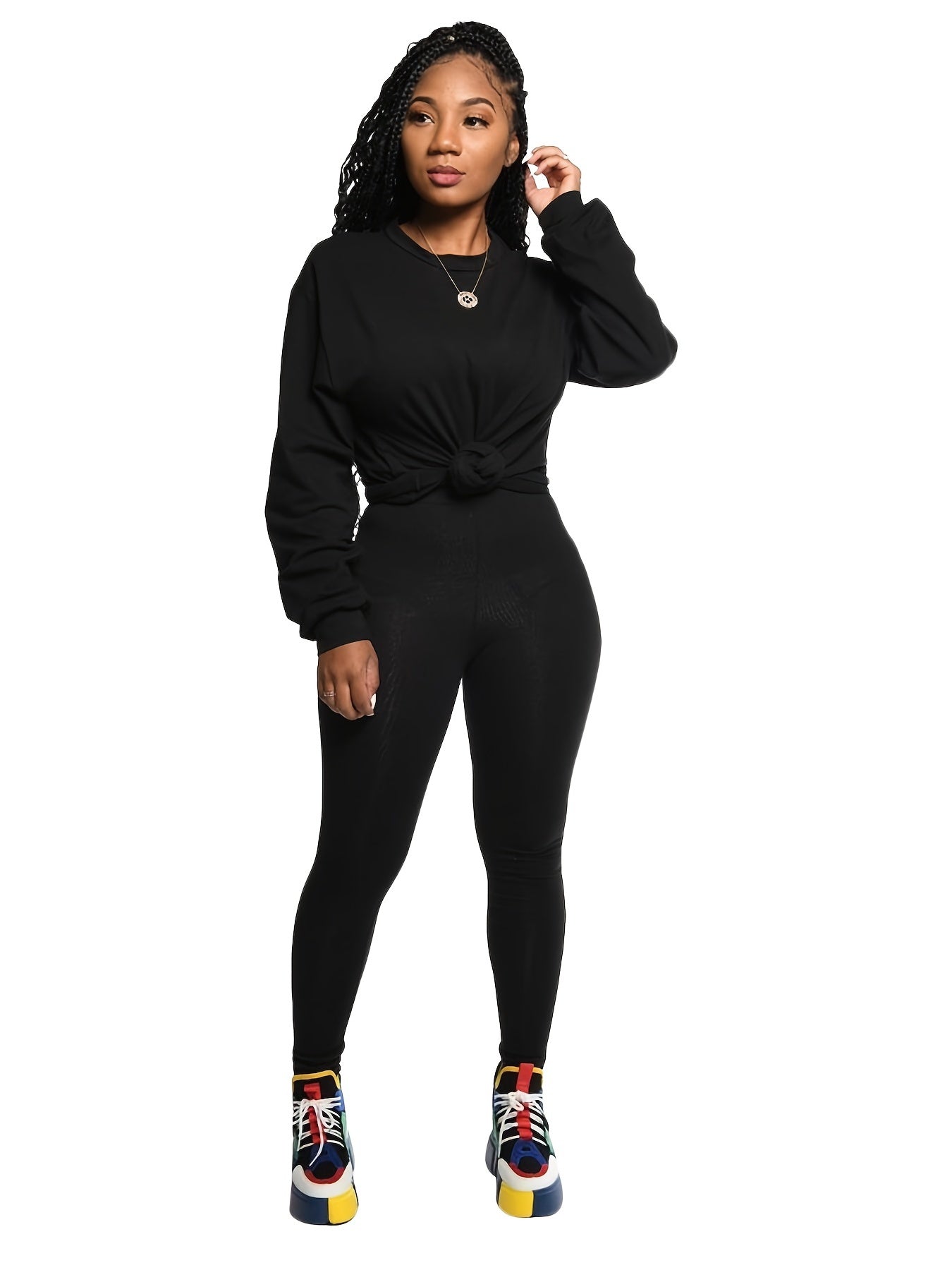 Solid Pullover Shirt & Pants Plus Size Set