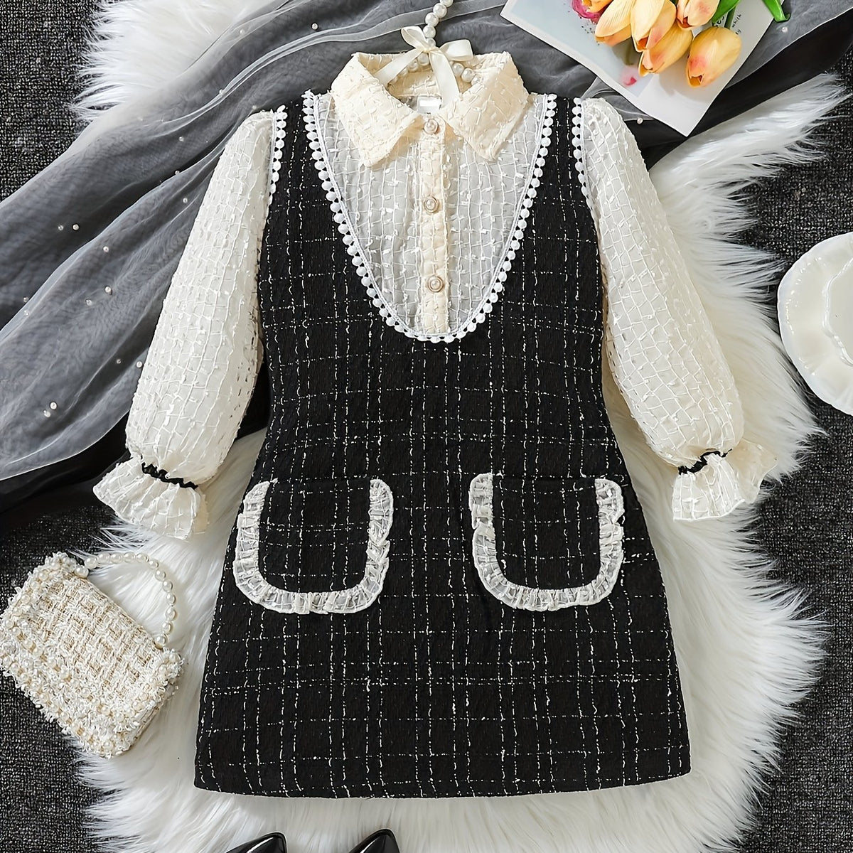 Girls' Tweed Knit Stitching Collared Long Sleeve Dress