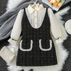 Girls' Tweed Knit Stitching Collared Long Sleeve Dress