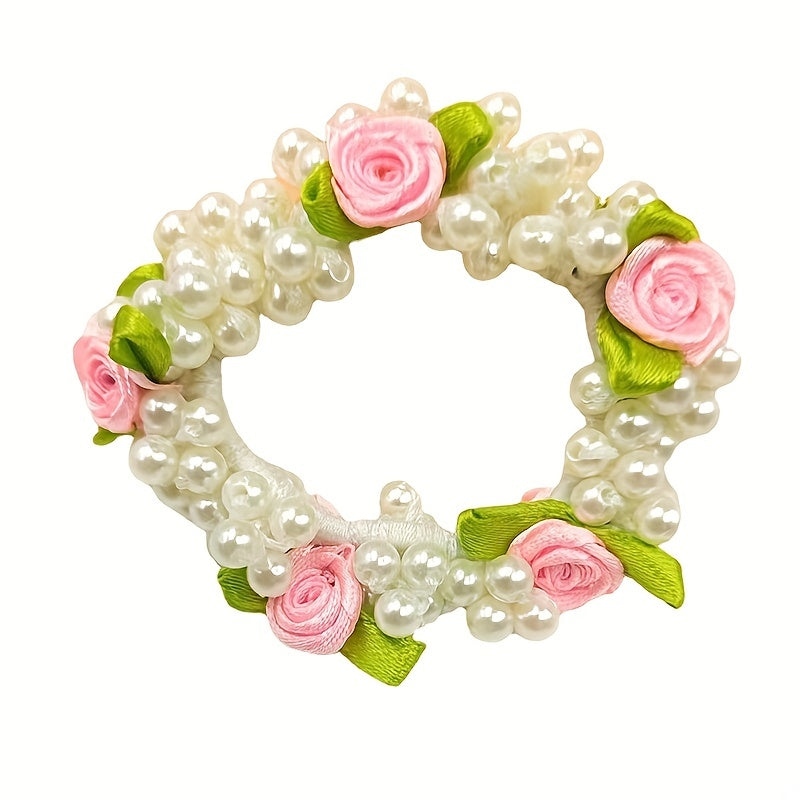 Rose Flower Faux Pearl Hair Tie Rubber Head Rope Sweet Lady Headwear
