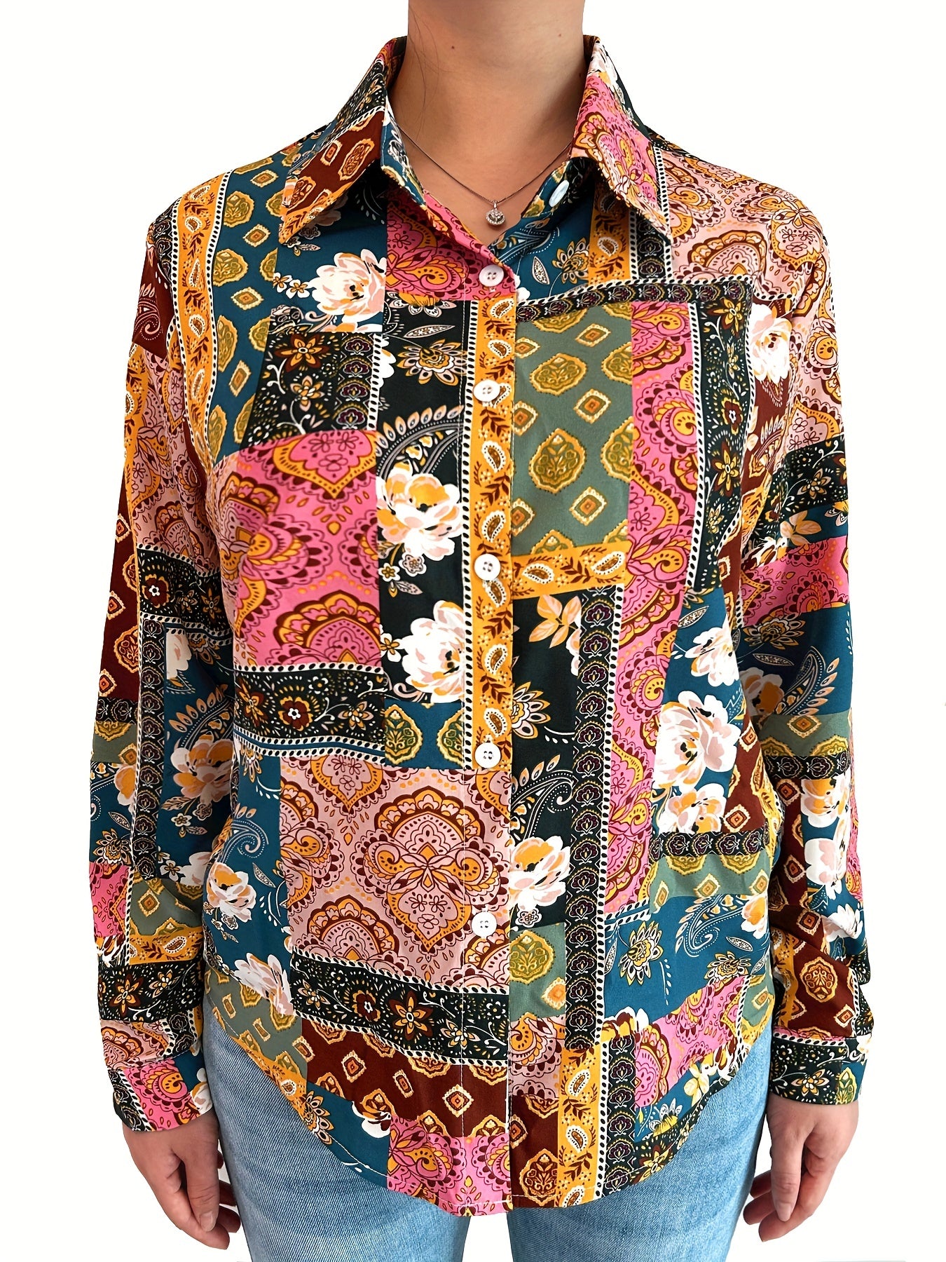  Boho Blouse Women's Plus Colorblock Floral Print Button Up Long Sleeve