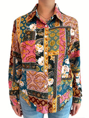  Boho Blouse Women's Plus Colorblock Floral Print Button Up Long Sleeve