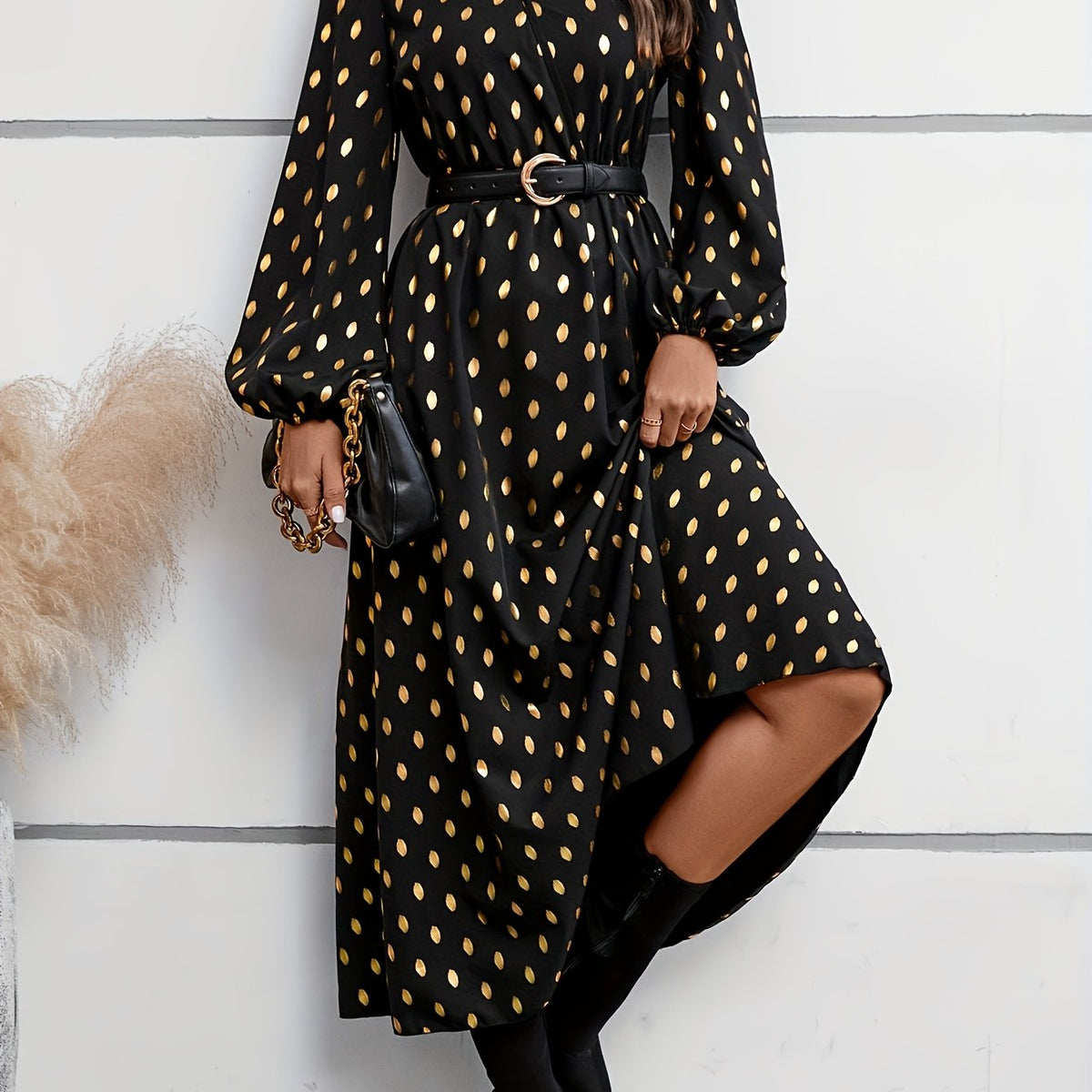 Golden Dot Print Lantern Sleeve V Neck Maxi Dress