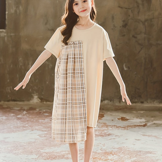 Girls' Plaid Patchwork Short Sleeve Casual Dress