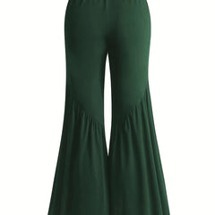  Solid Elastic High Rise Flared Leg Trousers