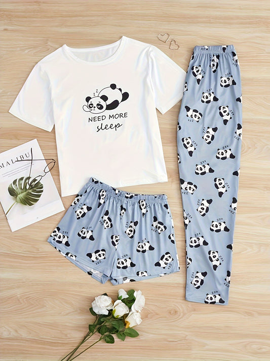  Cartoon Panda Print 3 Pc Loungewear Set Women's Plus