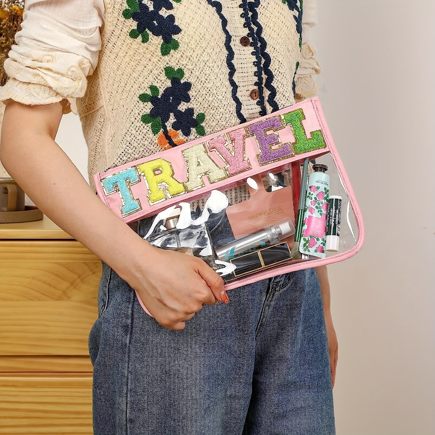 Chenille Letter Zipper Bag Pink Rose