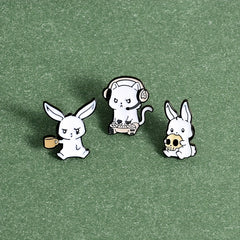 Rabbit Cat Enamel Pins Eating Skull Drink Play Games Cartoon Brooches