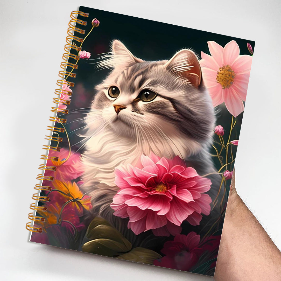 Charming Cat & Pink Flowers Notebook - 50 Pages