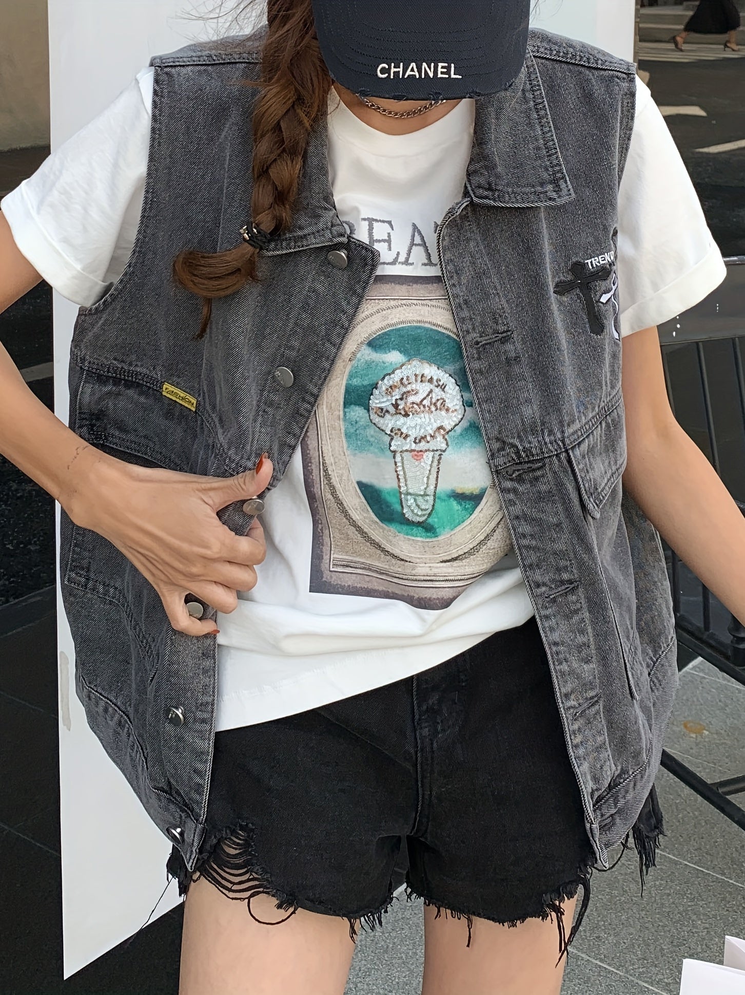  Denim Jacket Vest Women's Cross Print Lapel Collar