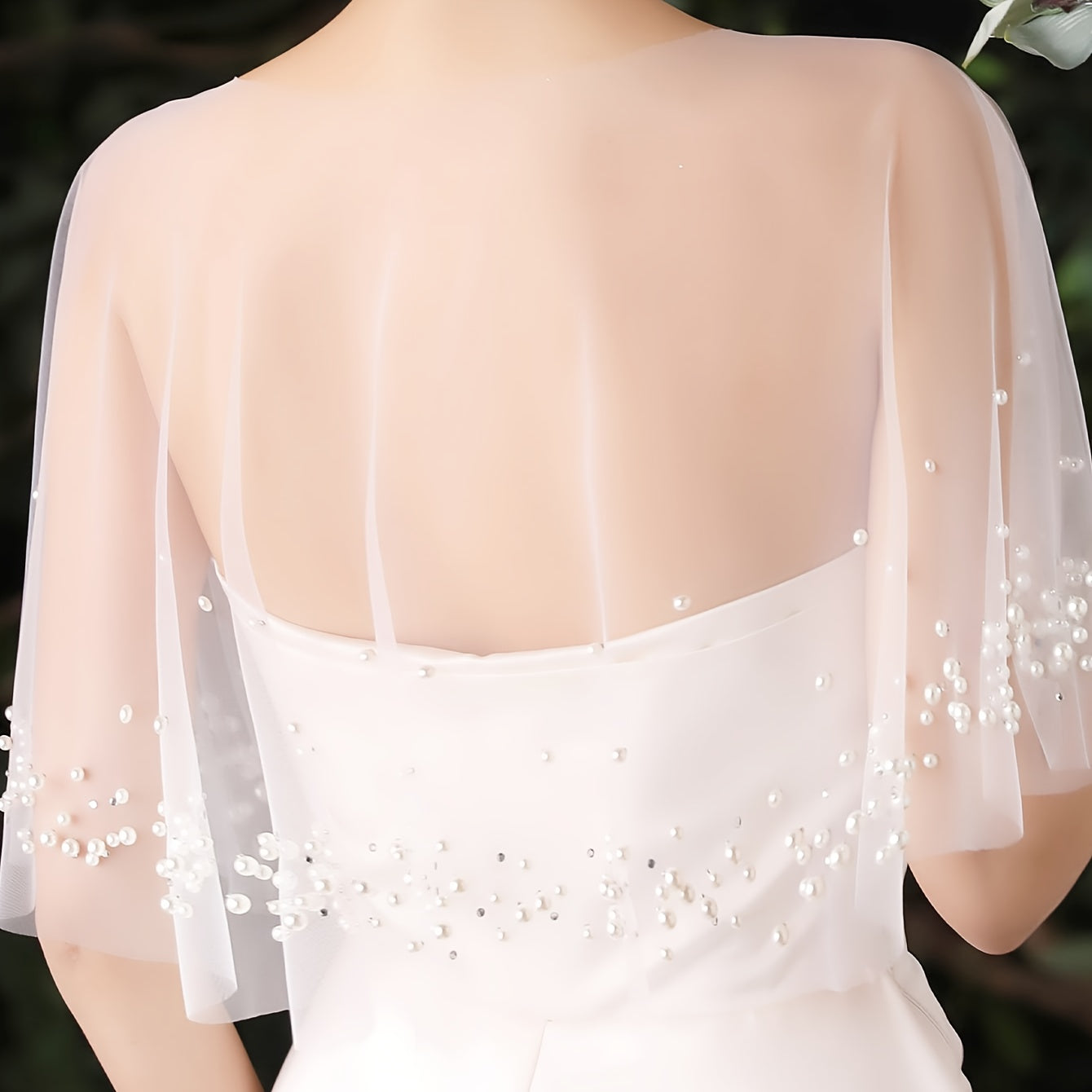 Pearl Adorned Bridal Shawl Tulle Cape with Sheer Sleeves