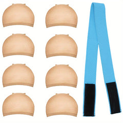 8PCS Stretchable Nylon Wig Caps & Elastic Bands Set for Women Nude Color