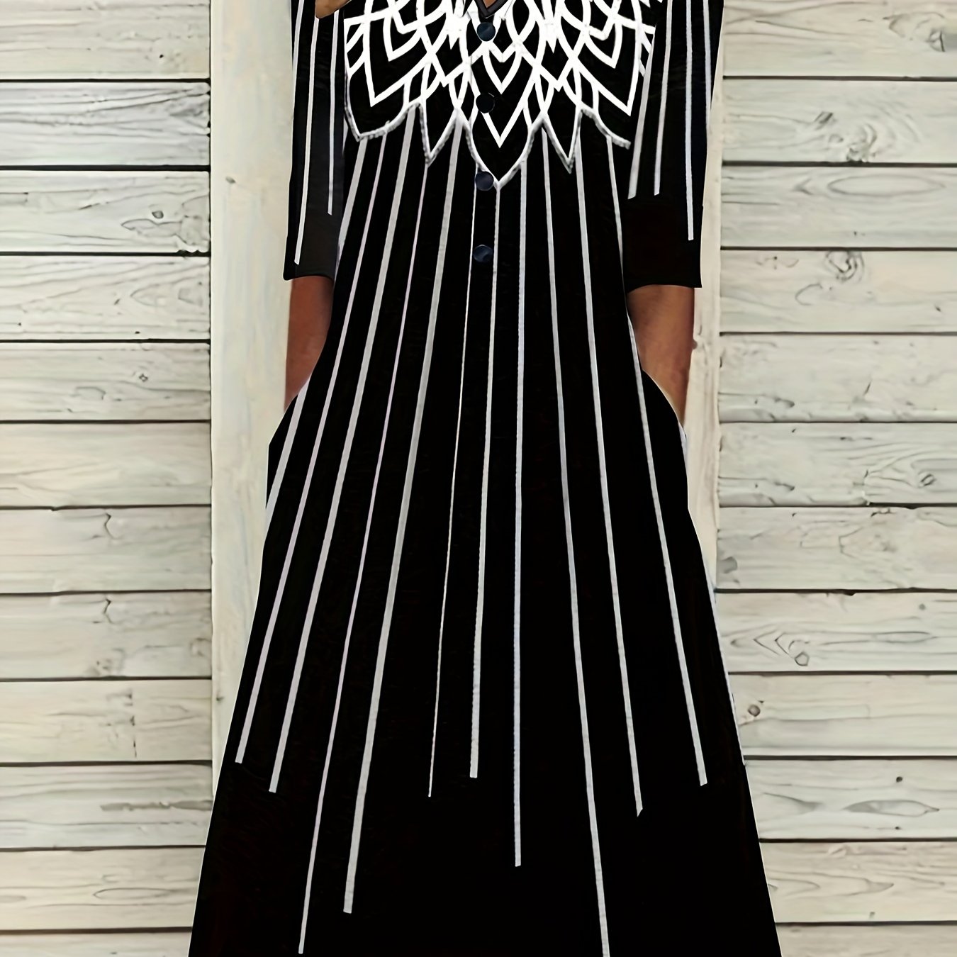  Floral Print Long Sleeve Notched Neck Dress
