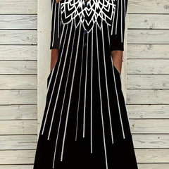  Floral Print Long Sleeve Notched Neck Dress