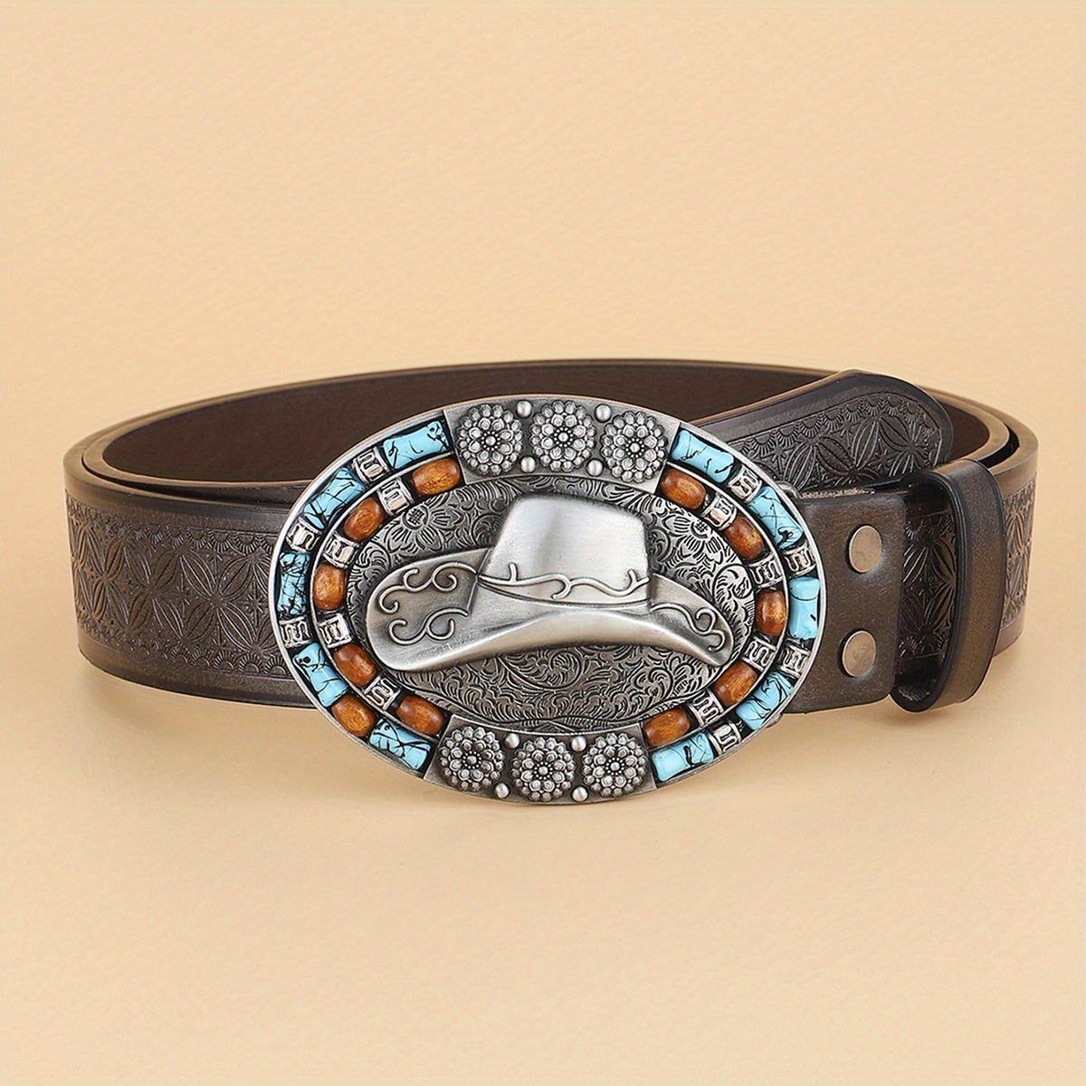 Western Cowboy Vintage Belt Embossed Leather Belt Bohemian Style Hat Buckle