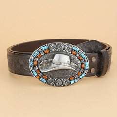 Western Cowboy Vintage Belt Embossed Leather Belt Bohemian Style Hat Buckle