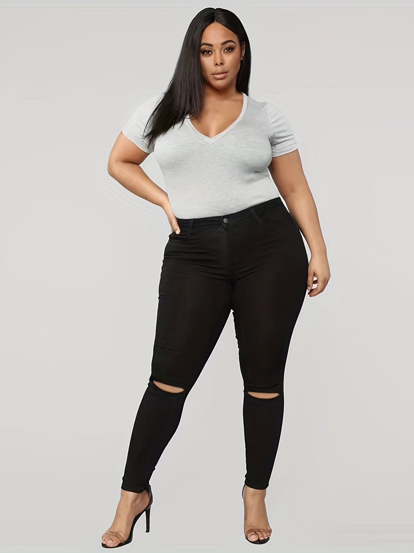  Casual Jeans Women's Plus Solid Ripped Skinny Jeans