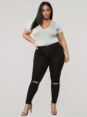  Casual Jeans Women's Plus Solid Ripped Skinny Jeans