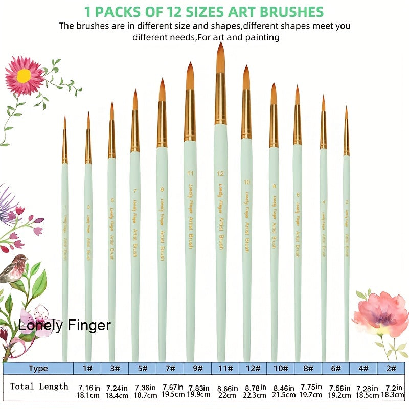 12Pcs Artist Paint Brushes Set - Round Pointed Tip Nylon Hair