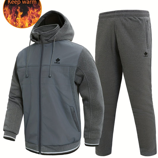 Men's Warm Sports Outfits Zip Up Hooded Jacket & Trousers