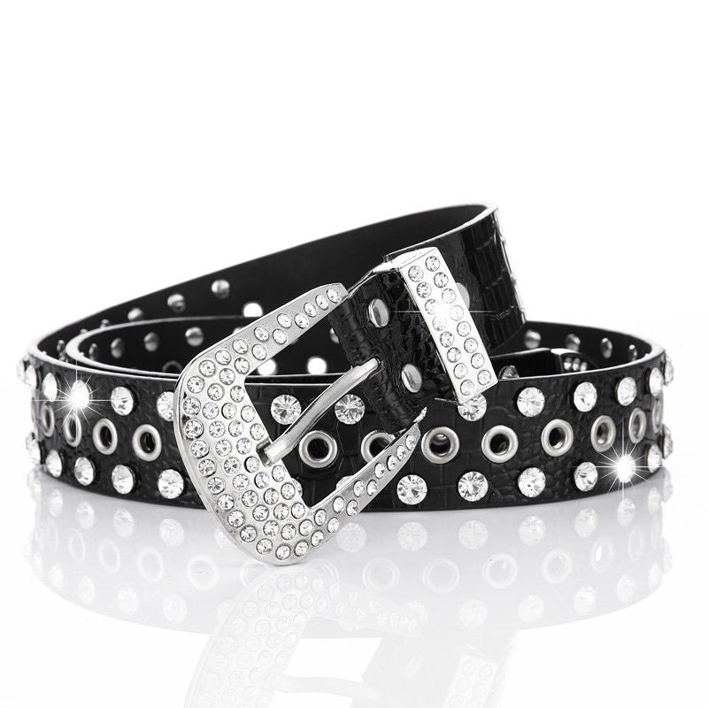 Wide Belt Rhinestone Inlaid Pin Buckle Perforation Belt