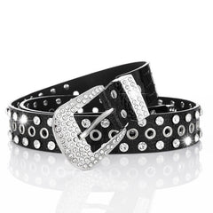 Wide Belt Rhinestone Inlaid Pin Buckle Perforation Belt