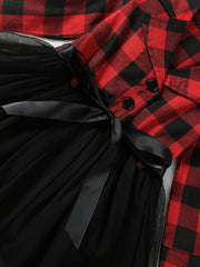 Christmas Plaid Long Sleeve Tutu Dress For Girls