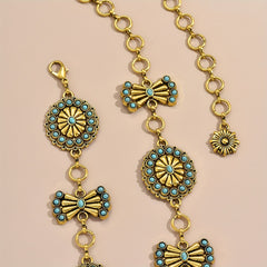 Turquoise Inlay Flower Metal Chain Vintage Bow Carved Belly Chain