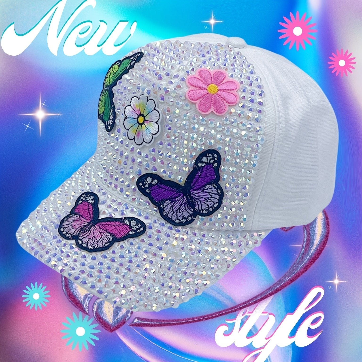 Y2K Butterfly Rhinestone Baseball Cap Ripped Cotton Dad Hats