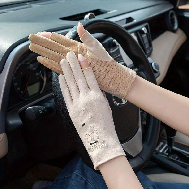 Bear Embroidery Half Finger Gloves for Women