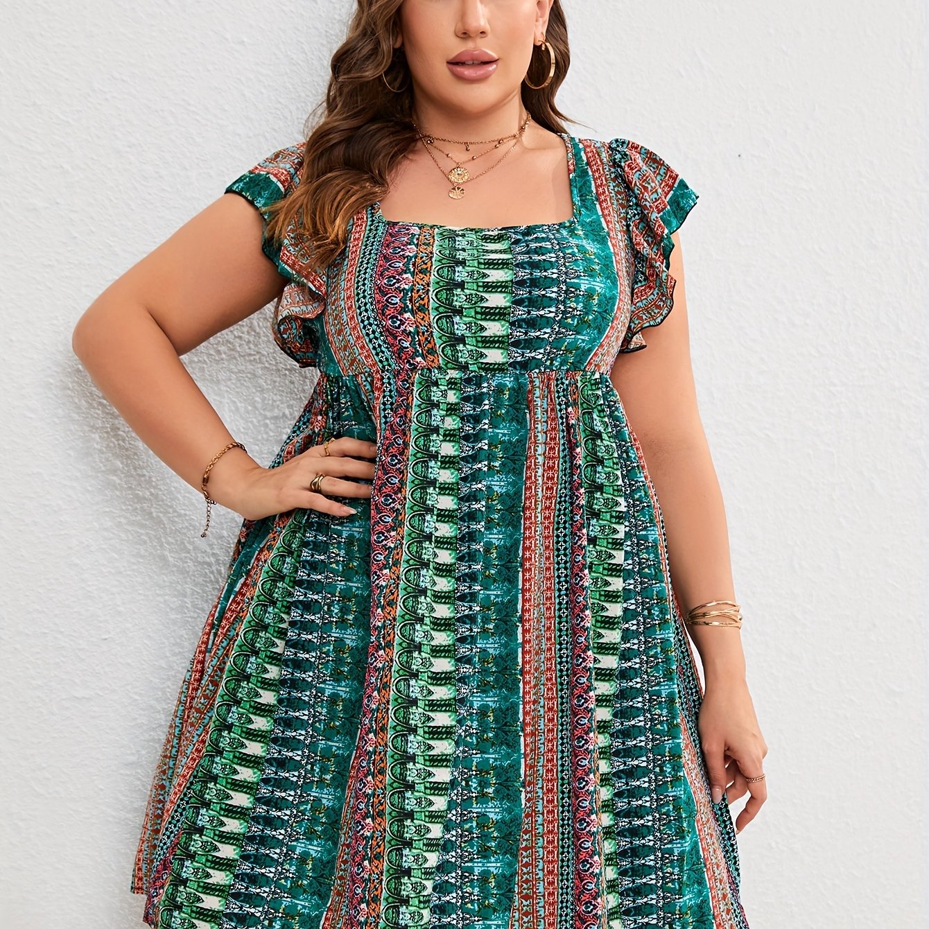 Women's Plus Boho Print Ruffle Short Sleeve Dress