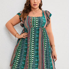 Women's Plus Boho Print Ruffle Short Sleeve Dress