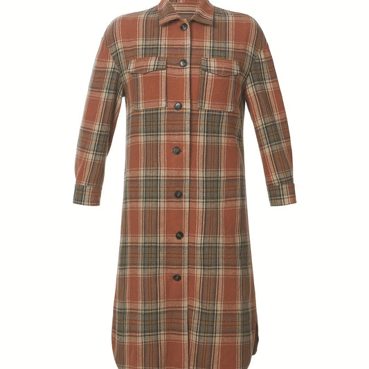  Plaid Print Long Sleeve Button Up Shirt Dress