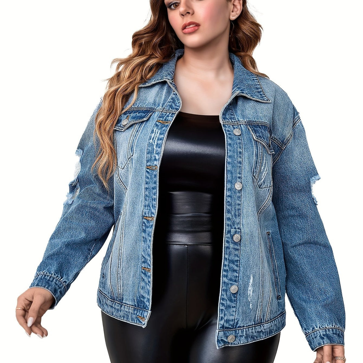  Casual Denim Top Women's Plus Washed Long Sleeve Button Up Jacket
