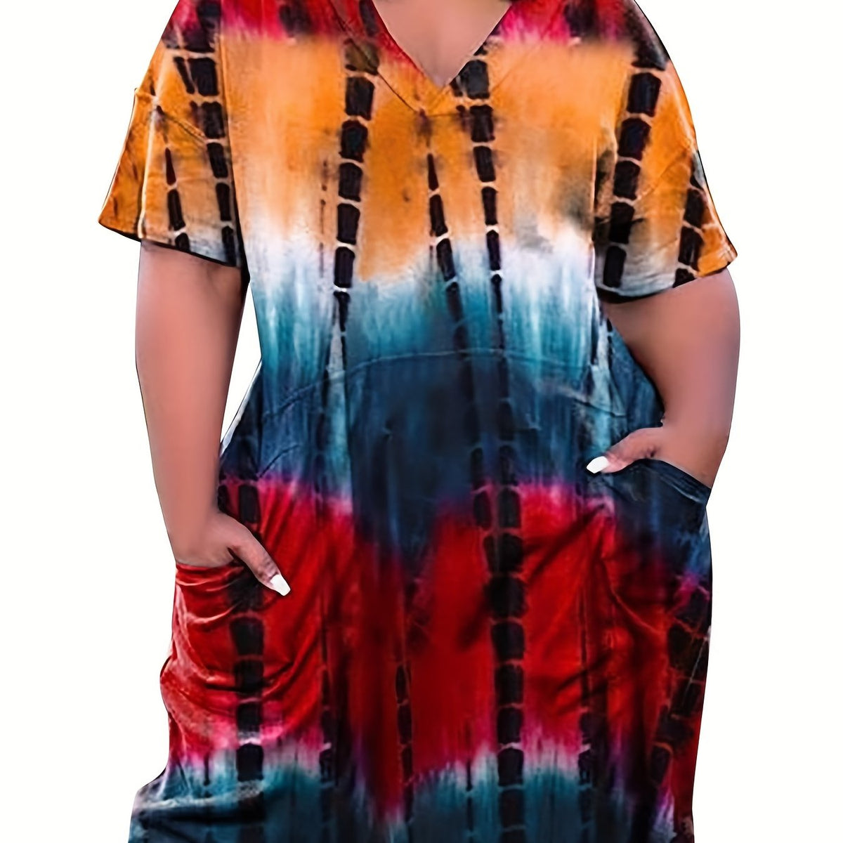  Tie Dye Short Sleeve V Neck Stretch Dress