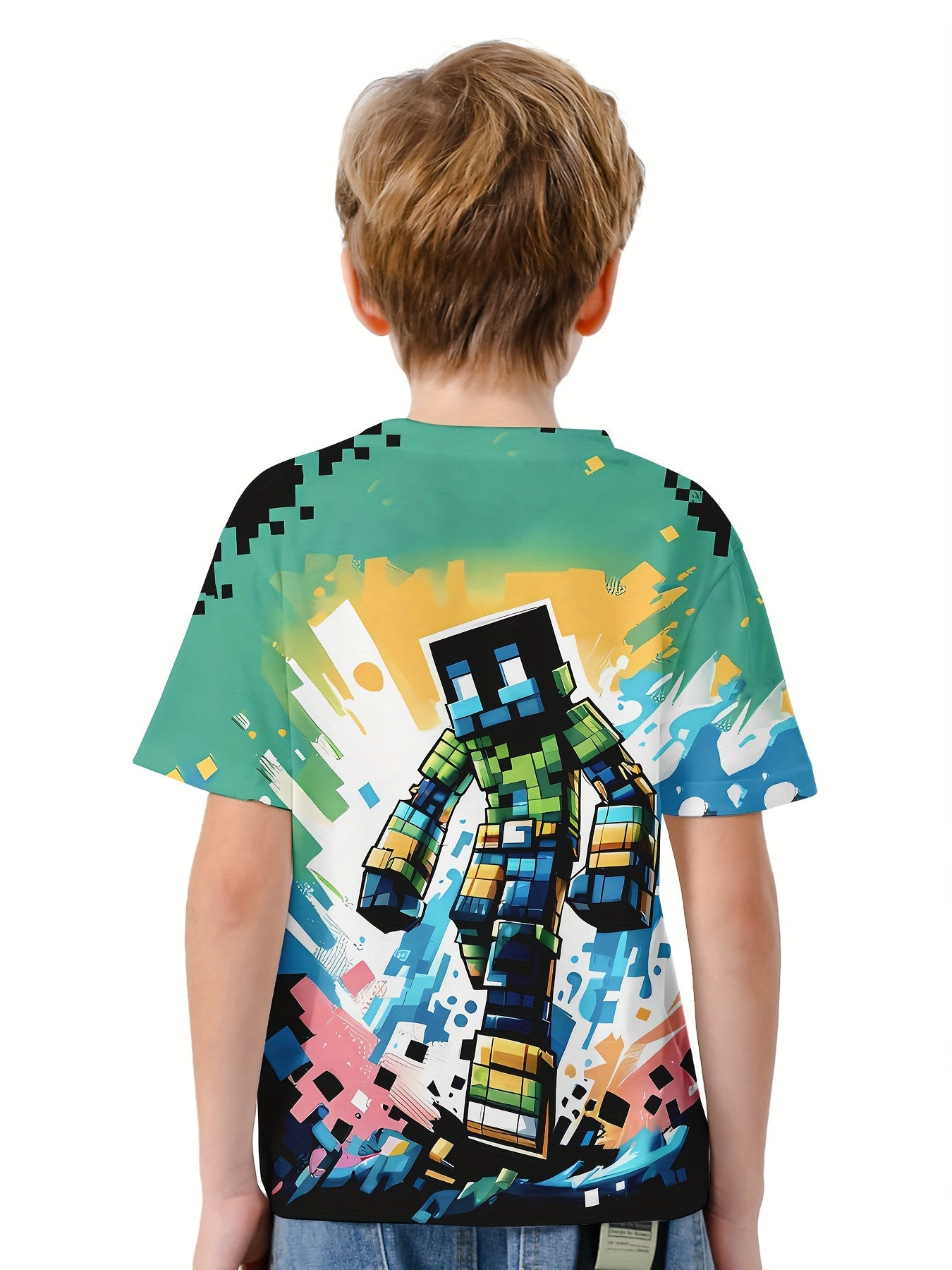 Building Block Man 3D Print Boy's Casual Tees Short Sleeve Crew Neck