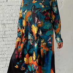  Tie Dye & Butterfly Print Long Sleeve Casual Dress