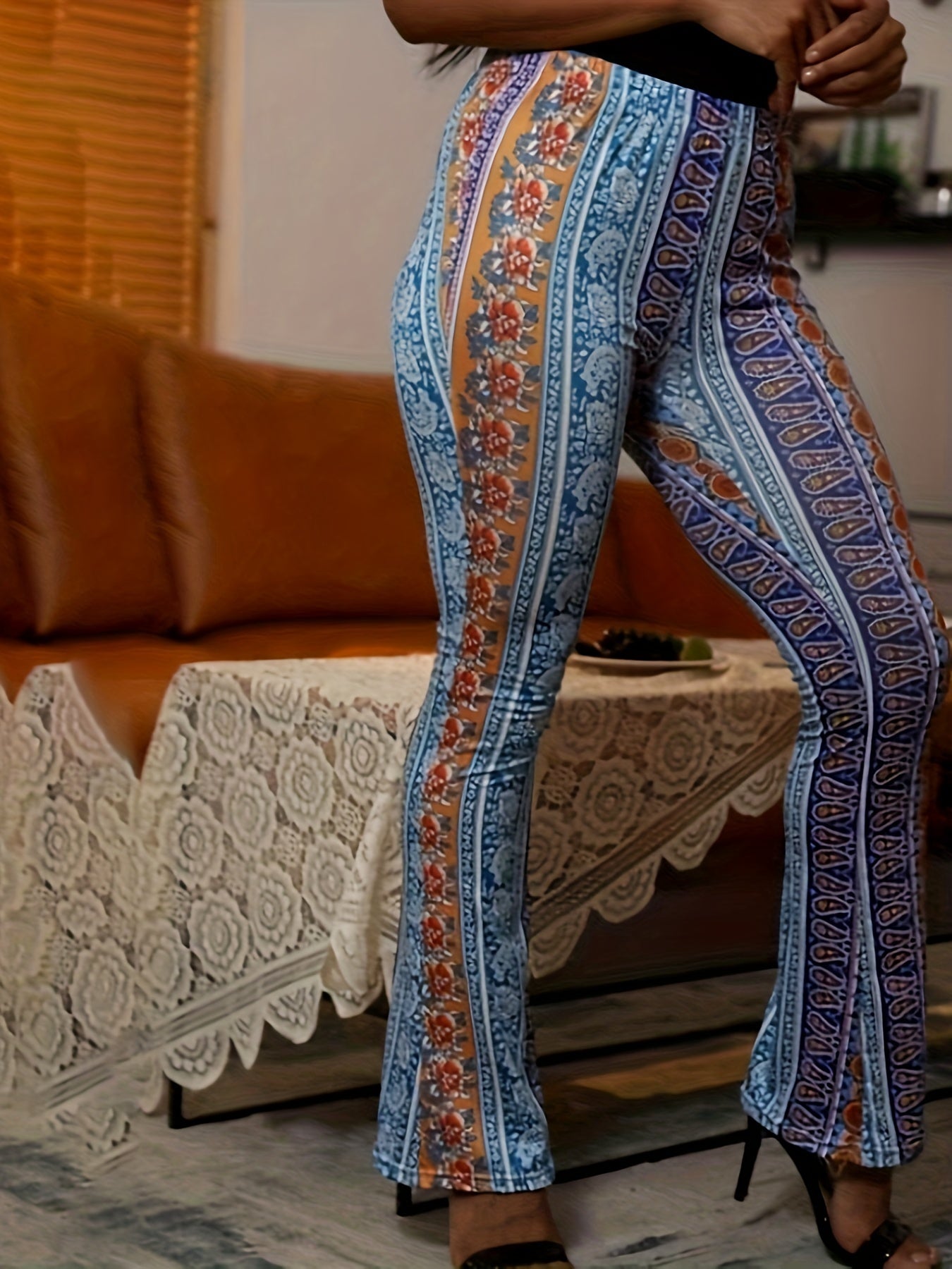  Patchwork Print Flared Leg Trousers