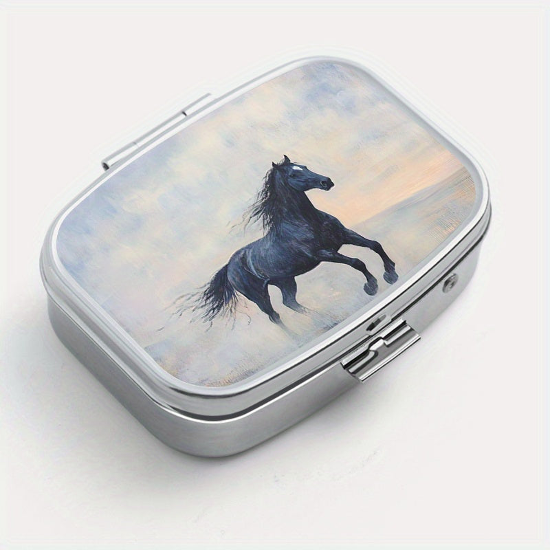 Portable Horse Print Pill Organizer 2 Compartment Metal Case for Travel