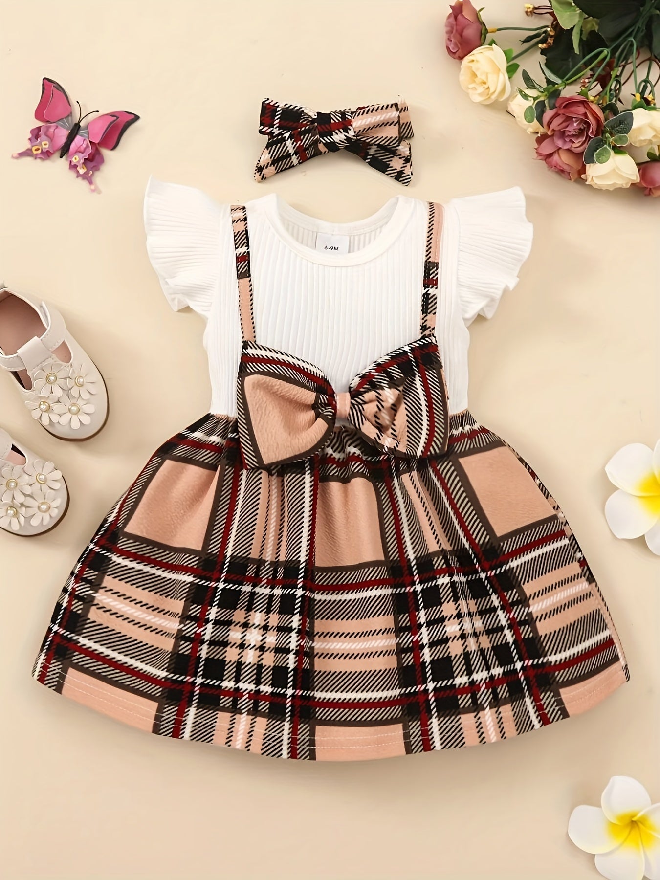 2pcs Baby Girls Casual Plaid Bowknot Dress & Headband Set
