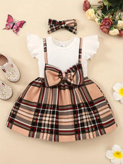 2pcs Baby Girls Casual Plaid Bowknot Dress & Headband Set