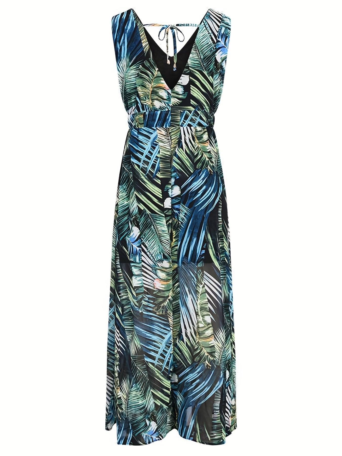 Boho Tropical Print Drawstring Sleeveless Maxi Dress Women's Clothing