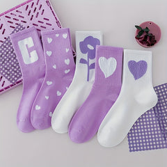 8 Pairs Heart Print Socks Comfy & Breathable All match Socks