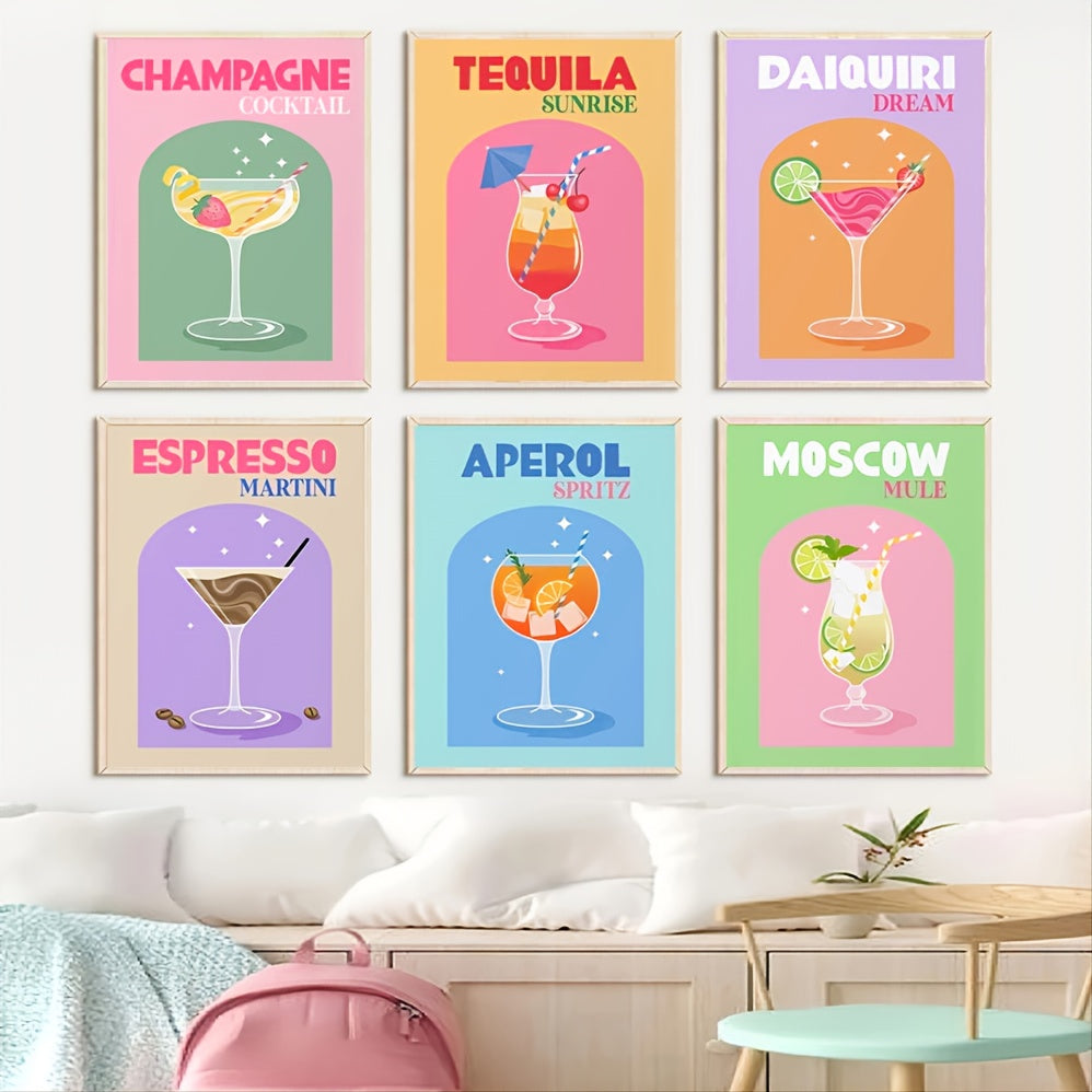 6pcs Colorful Cocktail Printed Paintings For Bar Cart Gallery Retro Wall Arts