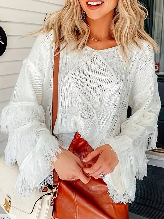  Fringe Trim V Neck Jumper