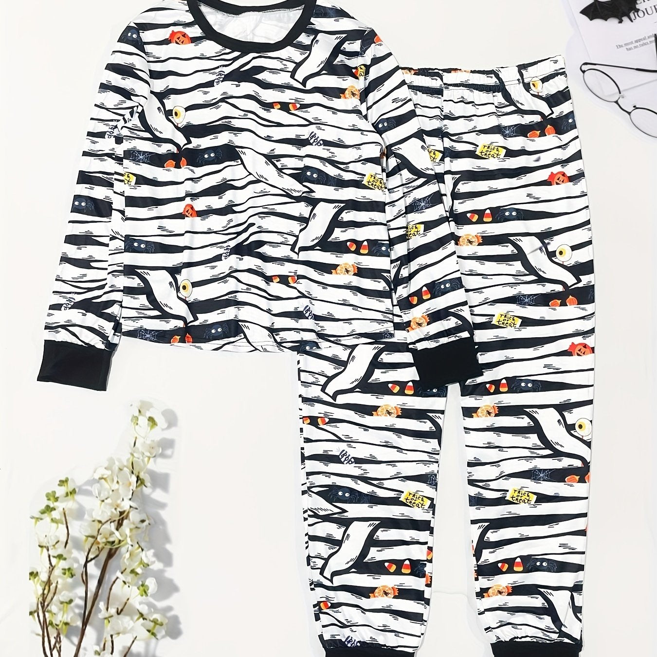  Halloween Gothic Pajama Set Women's Plus Stripe & Pumpkin Print