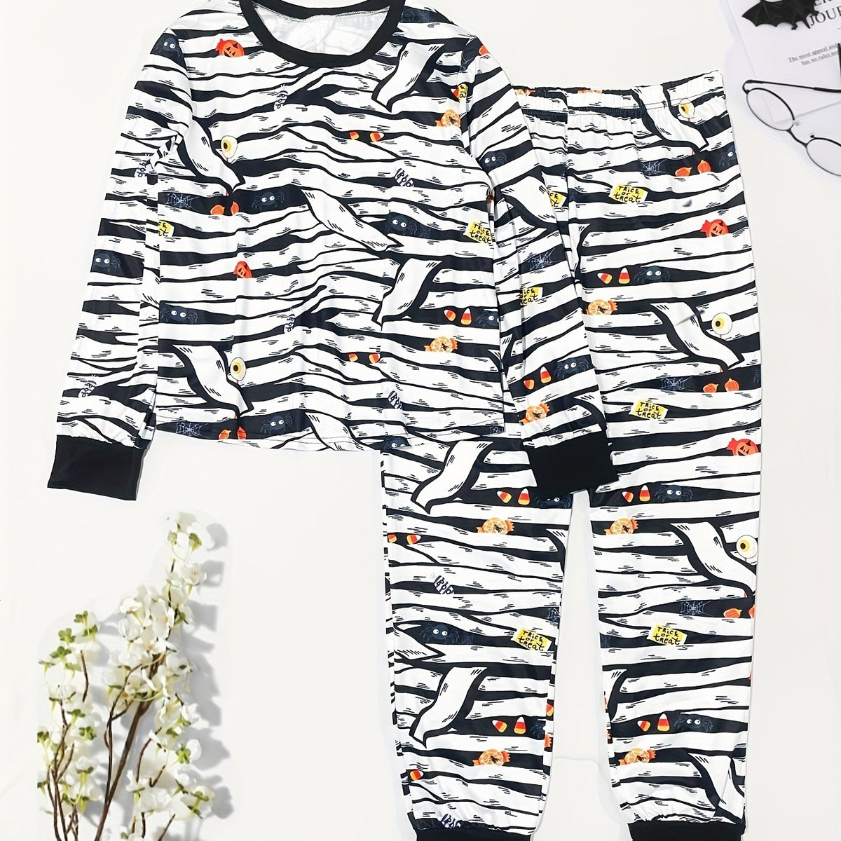  Halloween Gothic Pajama Set Women's Plus Stripe & Pumpkin Print